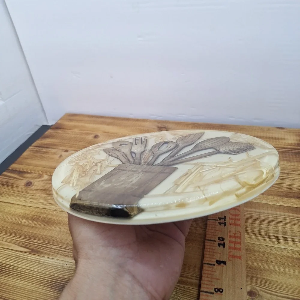 Vintage MCM Lucite Acrylic Trivet Spoon Rest Wood Utensils 70s Round Beige